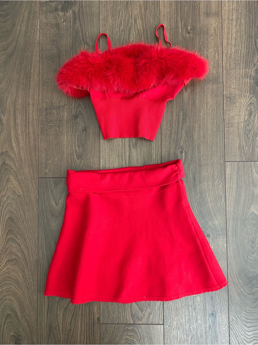 Forever 21 Red Faux Fur Trim Crop Top & A-Line Skirt Set